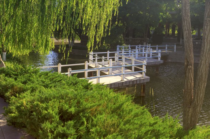 Zigzag Bridge Over A Lake