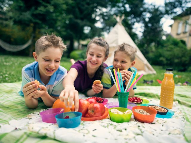 3 children having a picnic in the garden